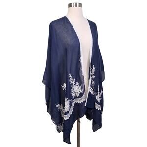 Marcus Adler Womens Embroidered‎ Shawl One Size Blue White Semi Sheer Bohemian